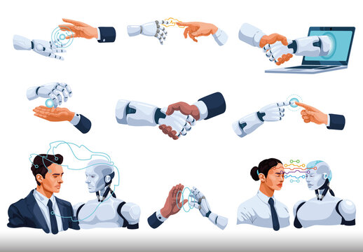 Multicolor Human Robot Interaction IA Technology Illustrations Set