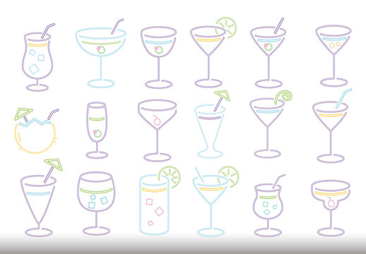 Multicolor Cocktail Drink Glass Neon Icons Set