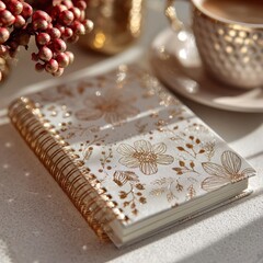 Elegant Floral Notebook and Coffee on Cozy Table Setting