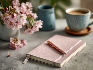 Stylish Notebook with Pen, Coffee, and Flowers on a Table Surface