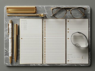 Elegant Workspace with Stationery and Accessories on Marble Surface
