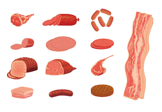 Red And Pink Meat Steak Food Illustrations Set
