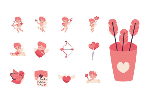 Colorful Cupid Love Valentine Angel Romance Illustrations Set
