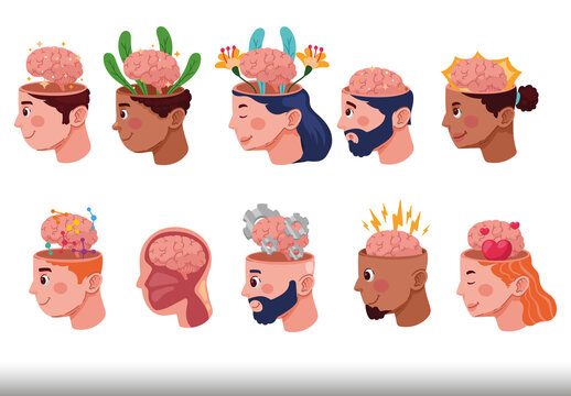 Multicolor Brain Growth Intelligence Creative People Illustrations Set