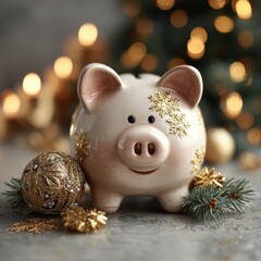 Cute Piggy Bank Surrounded by Festive Decorations and Lights