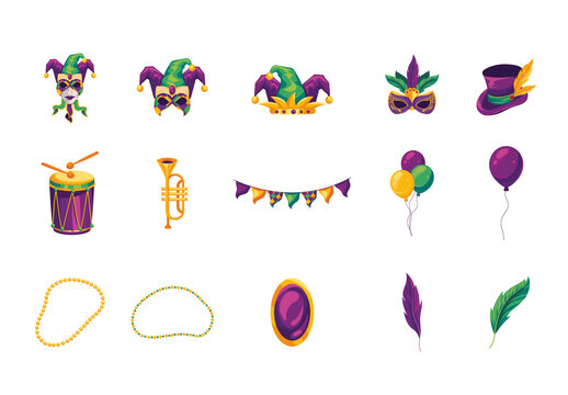 Purple And Yellow Mardi Gras Carnival Party Celebration Illustrations Set