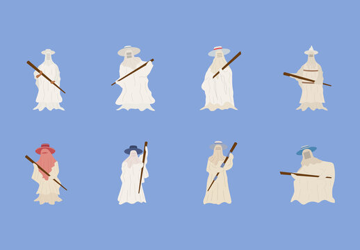 Colorful Eyo Masquerade Traditional Culture Nigeria Illustrations Set