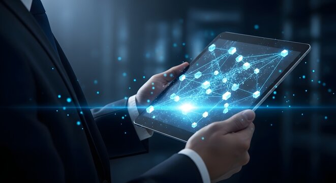 Businessman holding a tablet displaying a glowing network of connections.