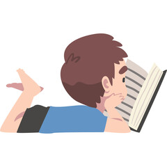 Obraz premium Pixel Art Style Illustration Of A Young Boy Lying Down Reading A Book With Brown Hair And Blue Shirt On A White Background