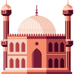 Pixel Art Style Mosque With Two Tall Minarets And A Dome In Shades Of Orange And Red With A Transparent Background