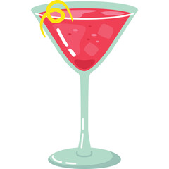 Pixel Art Style Pink Cocktail With Ice Cubes And Lemon Twist In A Martini Glass On A Transparent Background