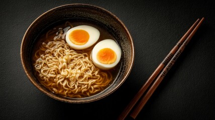 Savory ramen bowl with egg and vegetables. AI image