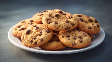 Chocolate chip cookies on plate with dark background. AI image