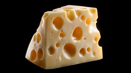 Swiss cheese wedge on black background. AI image