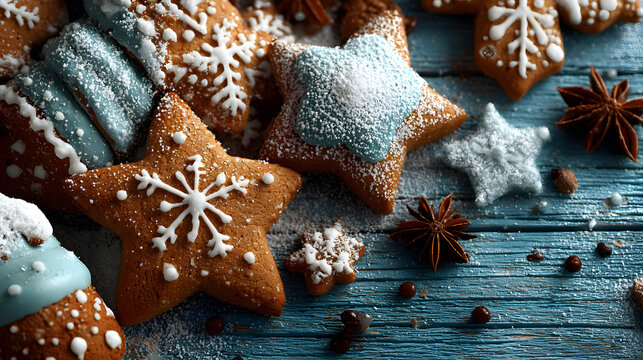 Christmas background with gingerbread cookies. Christmas greeting card with gingerbread cookies, snowflakes and stars over blue wooden background, top view. Flat lay with copy space for xmas greetings - Powered by Adobe