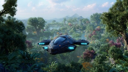 Futuristic craft soars over vibrant jungle landscape. AI image