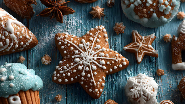 Christmas background with gingerbread cookies. Christmas greeting card with gingerbread cookies, snowflakes and stars over blue wooden background, top view. Flat lay with copy space for xmas greetings
