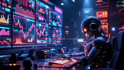 Highspeed trading robots operate amidst vibrant lighting and focused