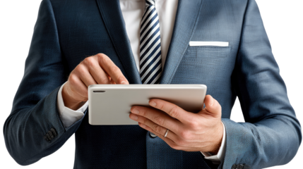 Smart Business Man's Digital Touch: A sharply dressed business professional intently interacts with a tablet device.