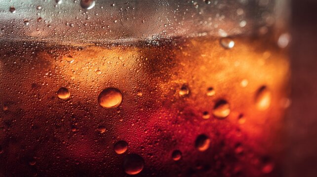 Close-up of ice-cold beverage with bubbles and red lighting. AI image