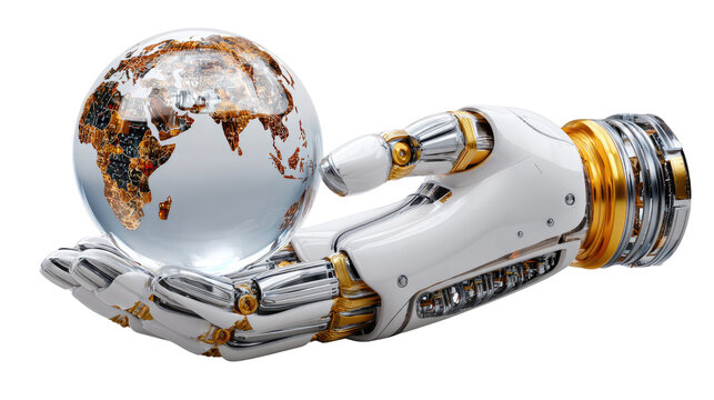 Earth in Robotic Hand: A futuristic image captures a polished robotic hand gently cradling a delicate globe. Representing technology and the planet in a unique way. 