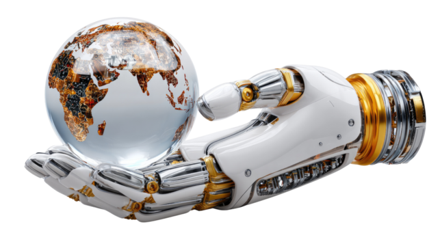 Earth in Robotic Hand: A futuristic image captures a polished robotic hand gently cradling a delicate globe. Representing technology and the planet in a unique way. 