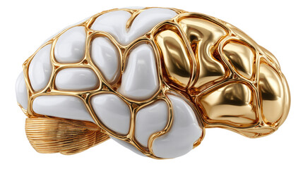 Brain of Gold: A captivating depiction of the human brain, where a lustrous golden hue is artfully contrasted with pristine white, symbolizing intelligence, creativity and the pursuit of knowledge.