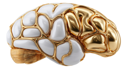 Brain of Gold: A captivating depiction of the human brain, where a lustrous golden hue is artfully contrasted with pristine white, symbolizing intelligence, creativity and the pursuit of knowledge.
