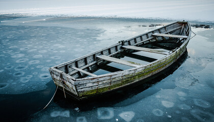 Obraz premium Abandoned boat frozen in lake