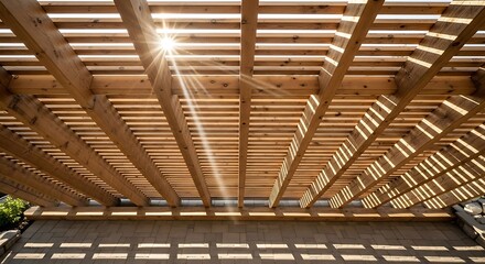 Sunlight Dappling Through a Wooden Pergola Framework Above