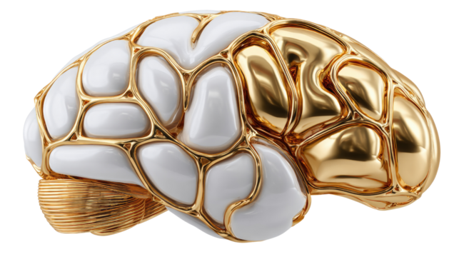 Brain of Gold: A captivating depiction of the human brain, where a lustrous golden hue is artfully contrasted with pristine white, symbolizing intelligence, creativity and the pursuit of knowledge.