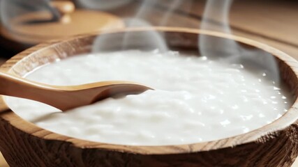 Creamy white porridge scooped from a wooden bowl with a wooden spoon. Steam rises, evoking warmth