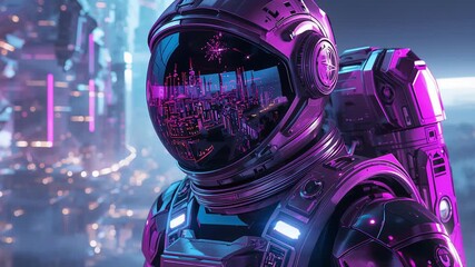Cosmic traveler observes glowing urban horizon with mirrored helmet - Powered by Adobe