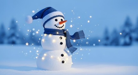 Charming Snowman with Festive Lights in Snowy Winter Landscape.