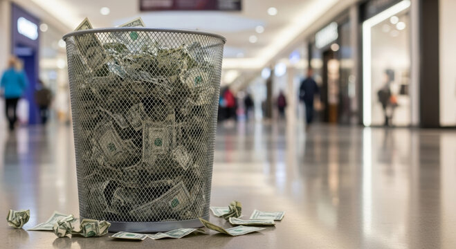 Money pay off debts business goals finance concept showing crumpled banknote in trash can in shopping mall conveying loss and urgency to improve financial planning