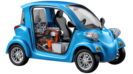 Electric Vehicle Innovation: A vibrant blue electric vehicle, its internal mechanics exposed, showcases the innovative technology of future sustainable transport.