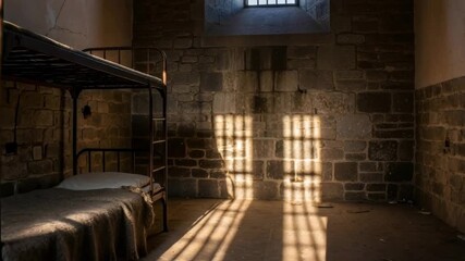 Prison cell interior with bunk beds and sun rays casting window shadows on stone wall, depicting confinement and harsh living conditions. - Powered by Adobe
