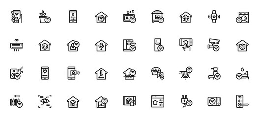 Smarthome icon set. Minimal line vector icons pack. ncludes smartwatch, temperture control, voice recogntion, security camera, cofee maker and more. Editabl stroke.