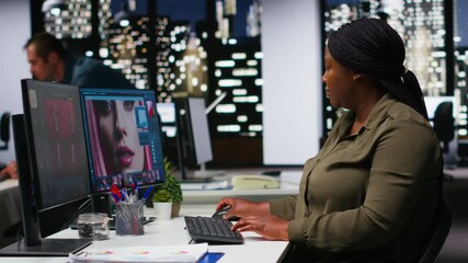 Graphic designer using AI chatbot turning text prompt into photos and retouching, ensure original content for clients. Creative woman using machine learning for photographer portfolio. Camera B. - Powered by Adobe