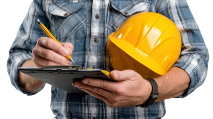 Construction Assessment: A worker, clad in workwear, diligently assesses data, pen in hand, clipboard in focus, with a yellow safety helmet suggesting on the side.