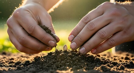 Human hands planting seed in fertile ground, eco growth concept focus