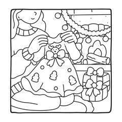Cozy Girl Christmas Coloring Pages,  Cozy Girl Christmas  Coloring Pages for Kids & Adults, Christmas Coloring Pages, bold & easy cozy winter coloring book pages, vector art, line art 