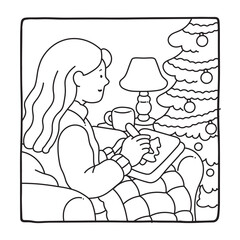 Cozy Girl Christmas Coloring Pages,  Cozy Girl Christmas  Coloring Pages for Kids & Adults, Christmas Coloring Pages, bold & easy cozy winter coloring book pages, vector art, line art 