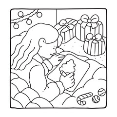 Cozy Girl Christmas Coloring Pages,  Cozy Girl Christmas  Coloring Pages for Kids & Adults, Christmas Coloring Pages, bold & easy cozy winter coloring book pages, vector art, line art 