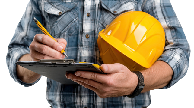 Construction Assessment: A worker, clad in workwear, diligently assesses data, pen in hand, clipboard in focus, with a yellow safety helmet suggesting on the side.