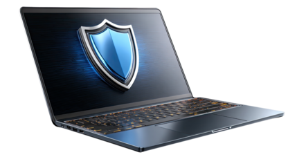 Digital Fortress: A sleek laptop showcases a symbolic shield on its screen, symbolizing secure and robust online protection.