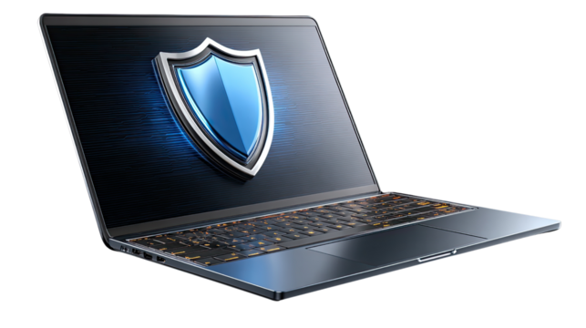 Digital Fortress: A sleek laptop showcases a symbolic shield on its screen, symbolizing secure and robust online protection.