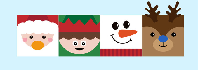 Christmas square icon set with snowman, elf, Santa and reindeer 