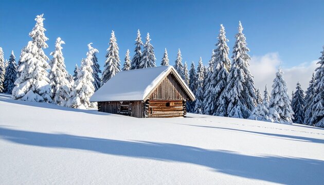 Snow-covered wooden cabin