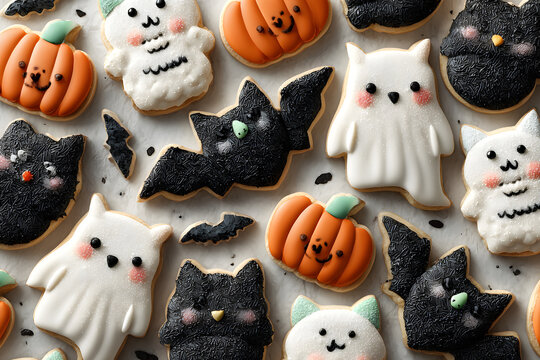 Homemade Halloween cookies on a white background, top view. With Generative AI technology - Powered by Adobe
